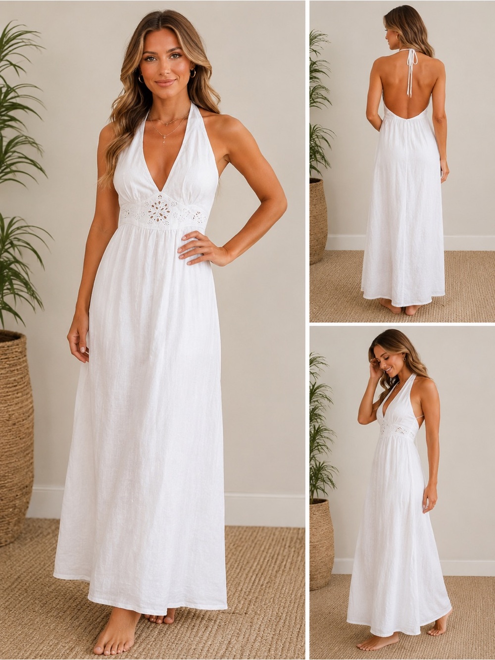 Tommy Bahama White Halter Eyelet Waist Maxi